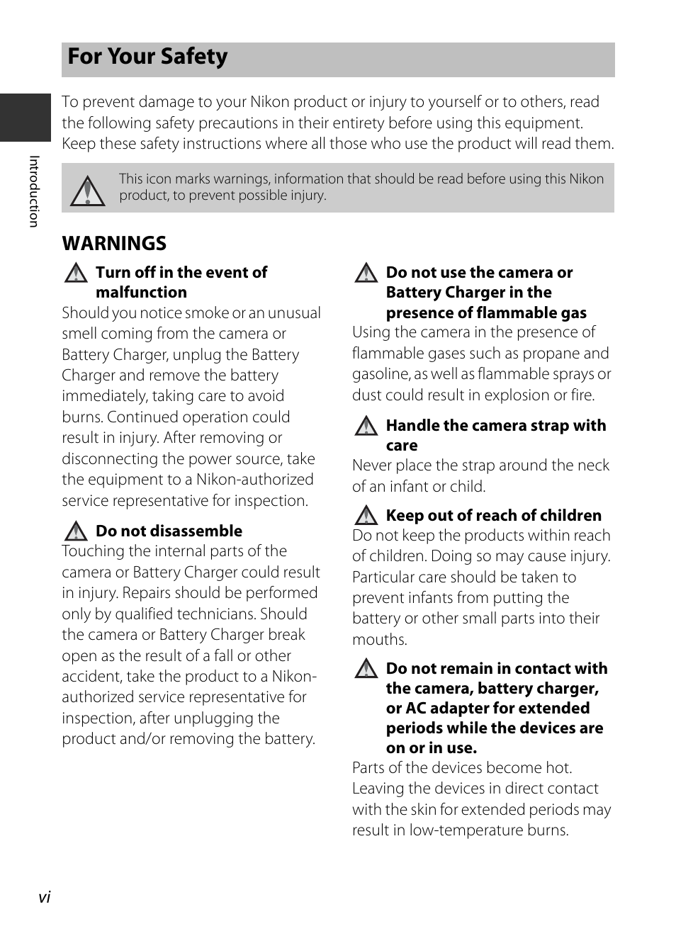 For your safety, Warnings | Nikon P7700 User Manual | Page 8 / 156