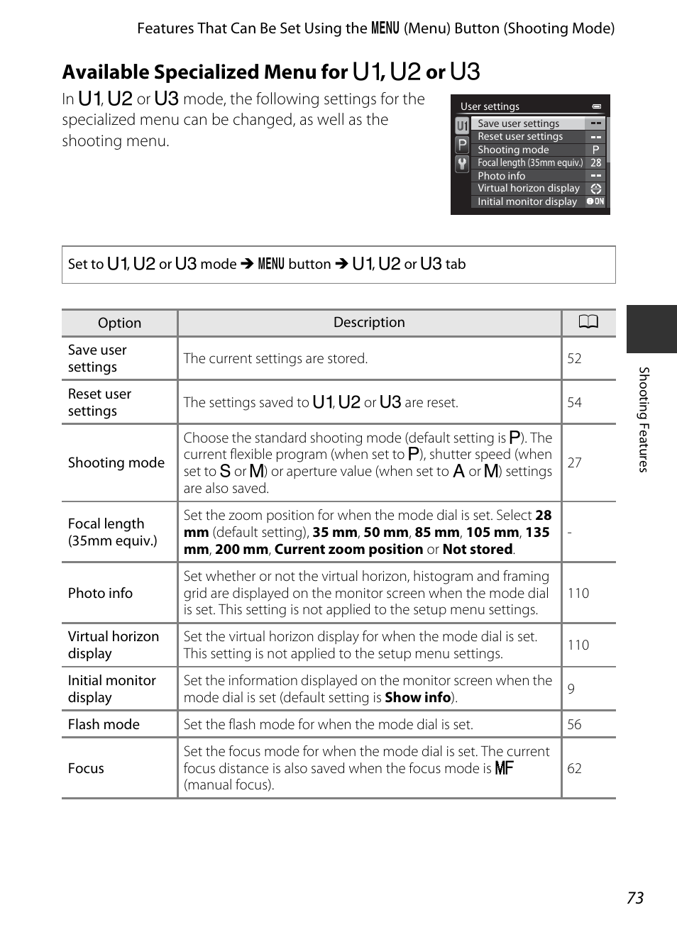 Available specialized menu for u1, u2 or u3, Available specialized menu for e , f or n | Nikon P7700 User Manual | Page 91 / 156