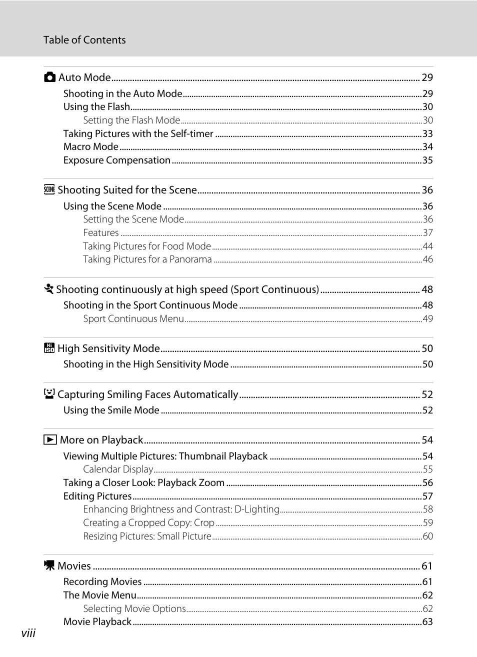 Viii | Nikon L100 User Manual | Page 10 / 148