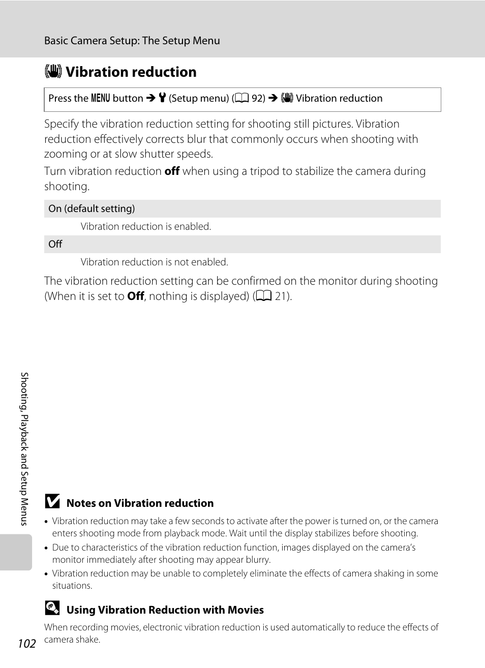 Vibration reduction, G vibration reduction, A 102) or | A 102), A 102) to, A 102) setting a, A 102) setting and hold, A 102 | Nikon L100 User Manual | Page 114 / 148