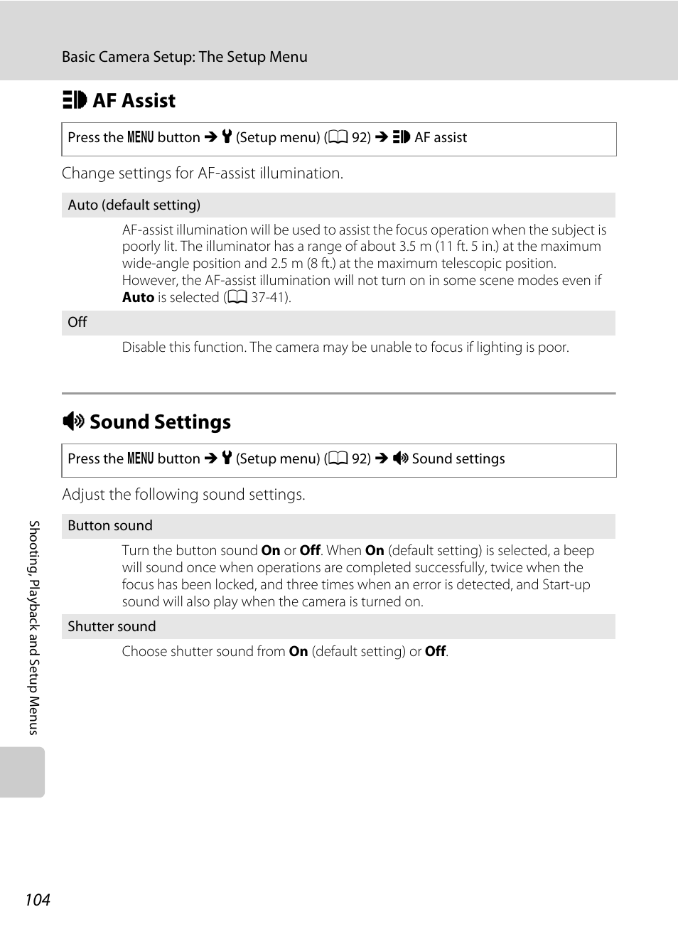 Af assist, Sound settings, H af assist i sound settings | A 104), A 104, H af assist, I sound settings | Nikon L100 User Manual | Page 116 / 148