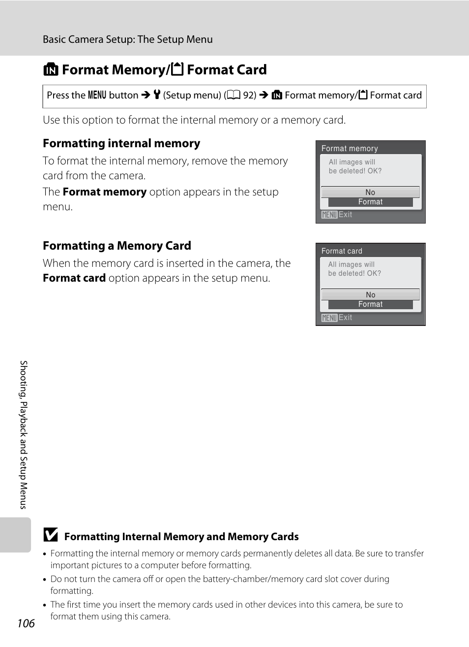 Format memory/format card, L format memory/m format card, A 106 | Nikon L100 User Manual | Page 118 / 148