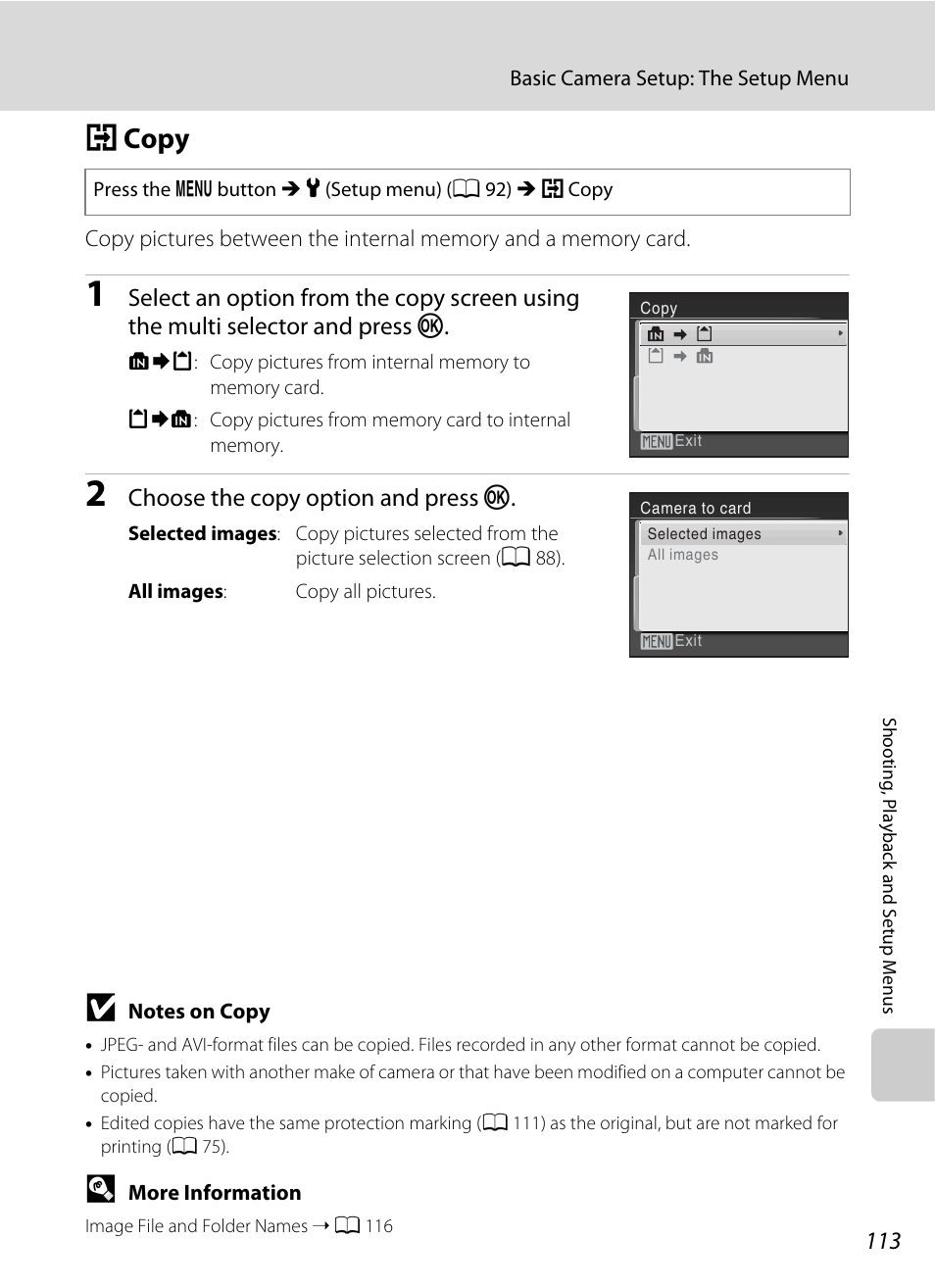 Copy, H copy, A 113) | A 113, Choose the copy option and press k | Nikon L100 User Manual | Page 125 / 148