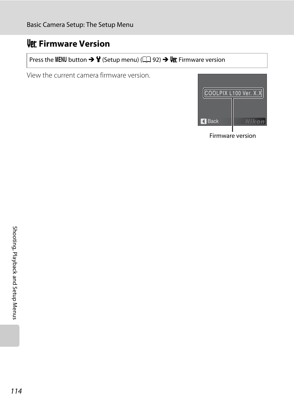 Firmware version, R firmware version, A 114 | Nikon L100 User Manual | Page 126 / 148