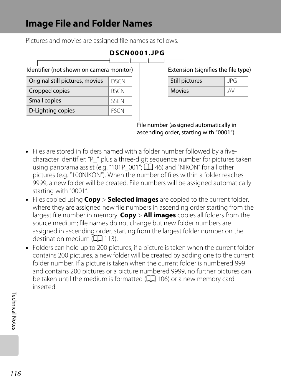 Image file and folder names, A 116) fo, A 116). the editi | A 116 | Nikon L100 User Manual | Page 128 / 148