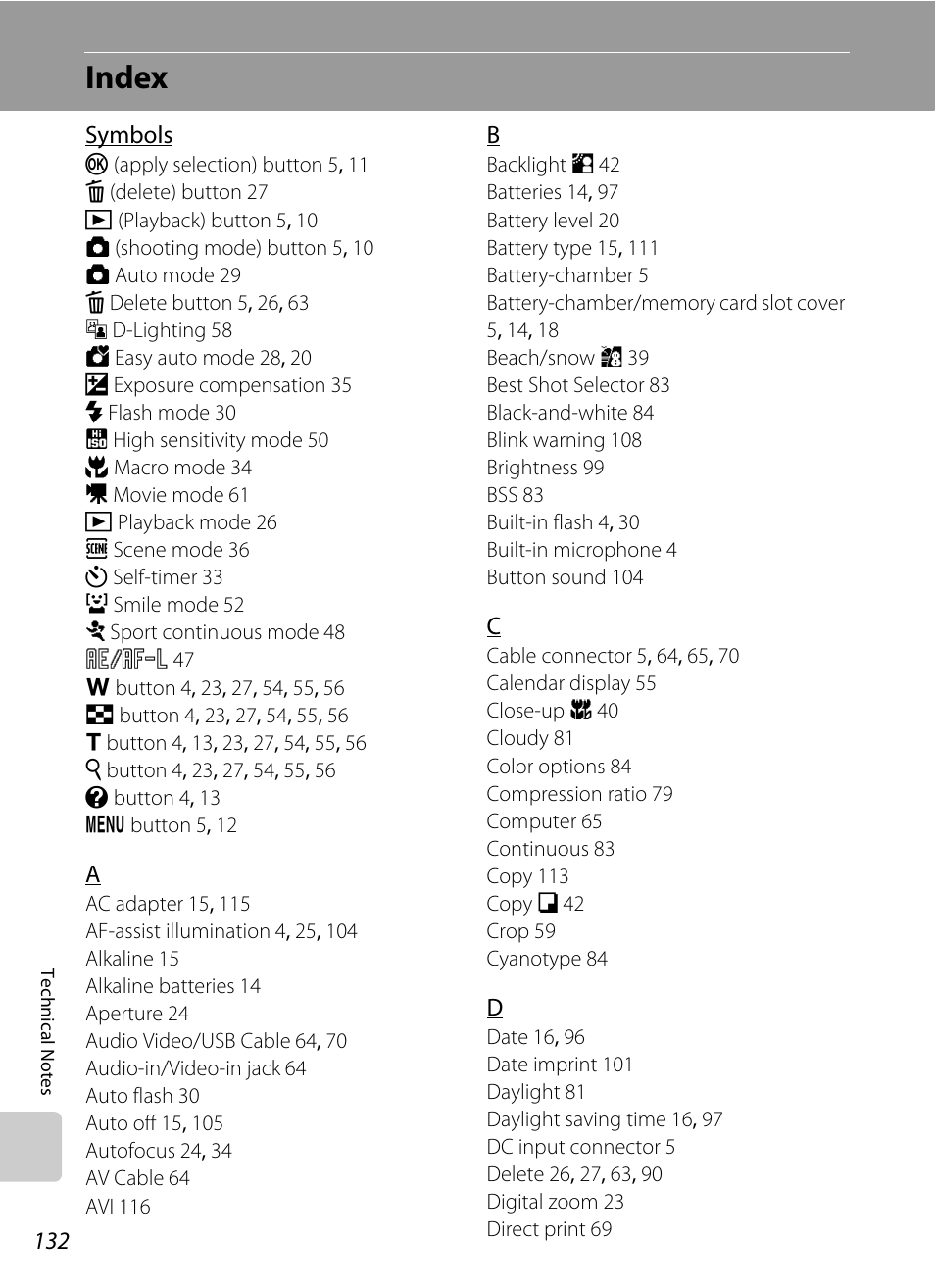 Index | Nikon L100 User Manual | Page 144 / 148
