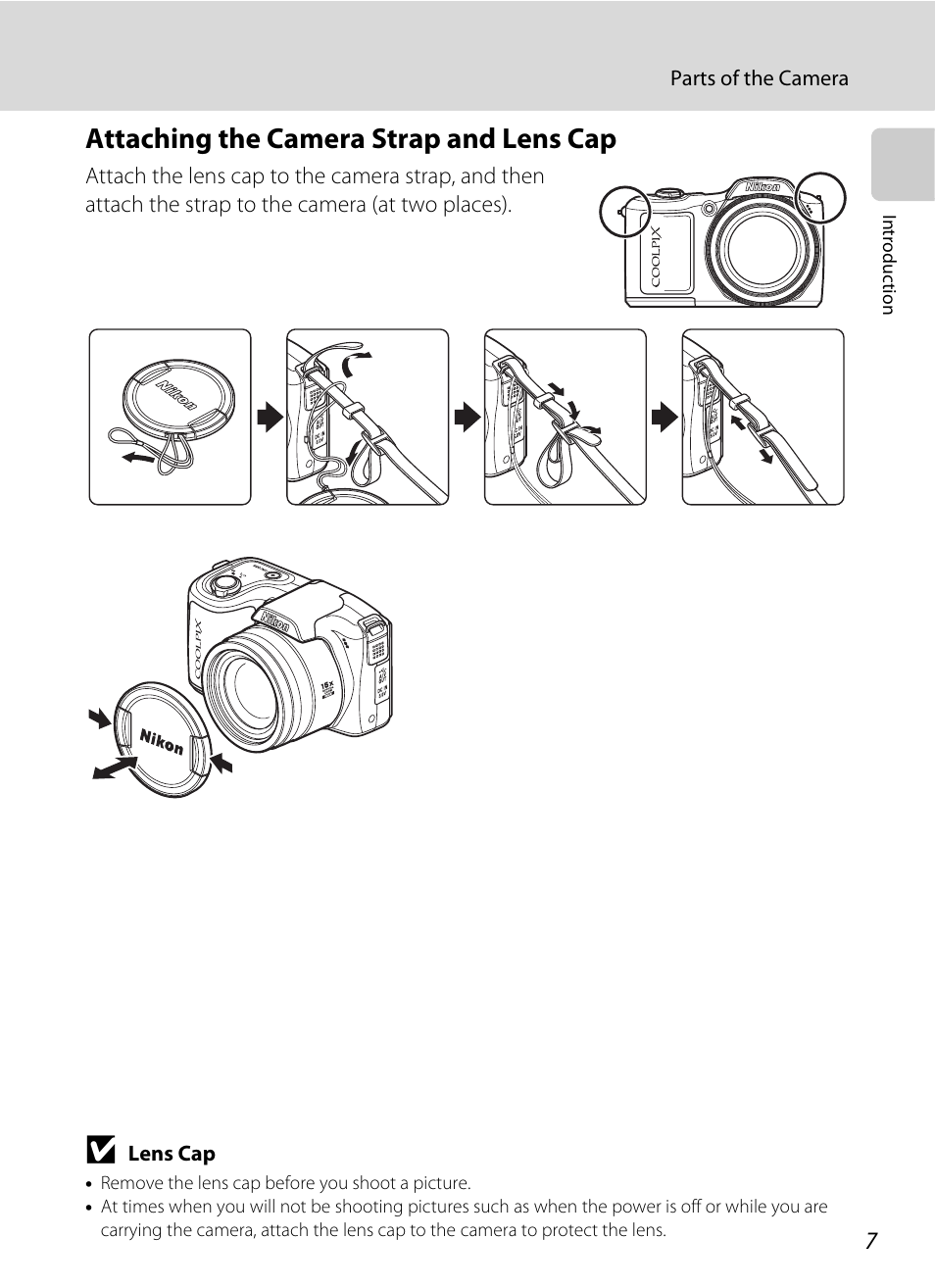 Attaching the camera strap and lens cap | Nikon L100 User Manual | Page 19 / 148