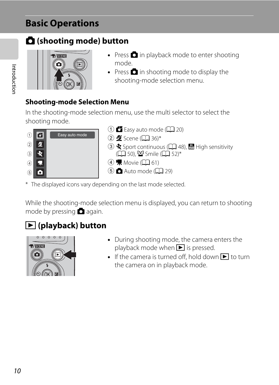 Basic operations, Shooting mode) button, Playback) button | A (shooting mode) button c (playback) button, A (shooting mode) button, C (playback) button | Nikon L100 User Manual | Page 22 / 148