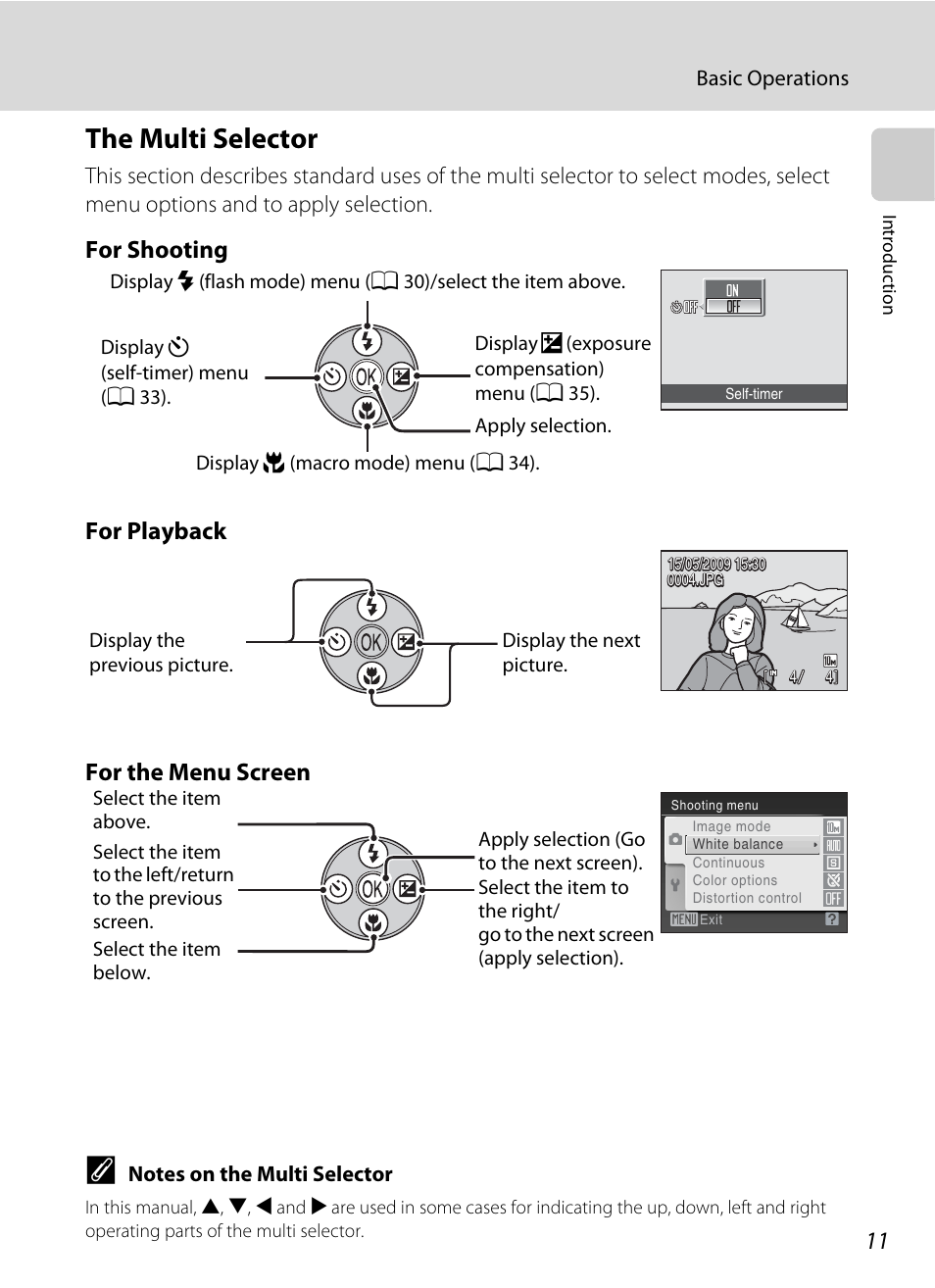 The multi selector, For shooting for playback for the menu screen | Nikon L100 User Manual | Page 23 / 148