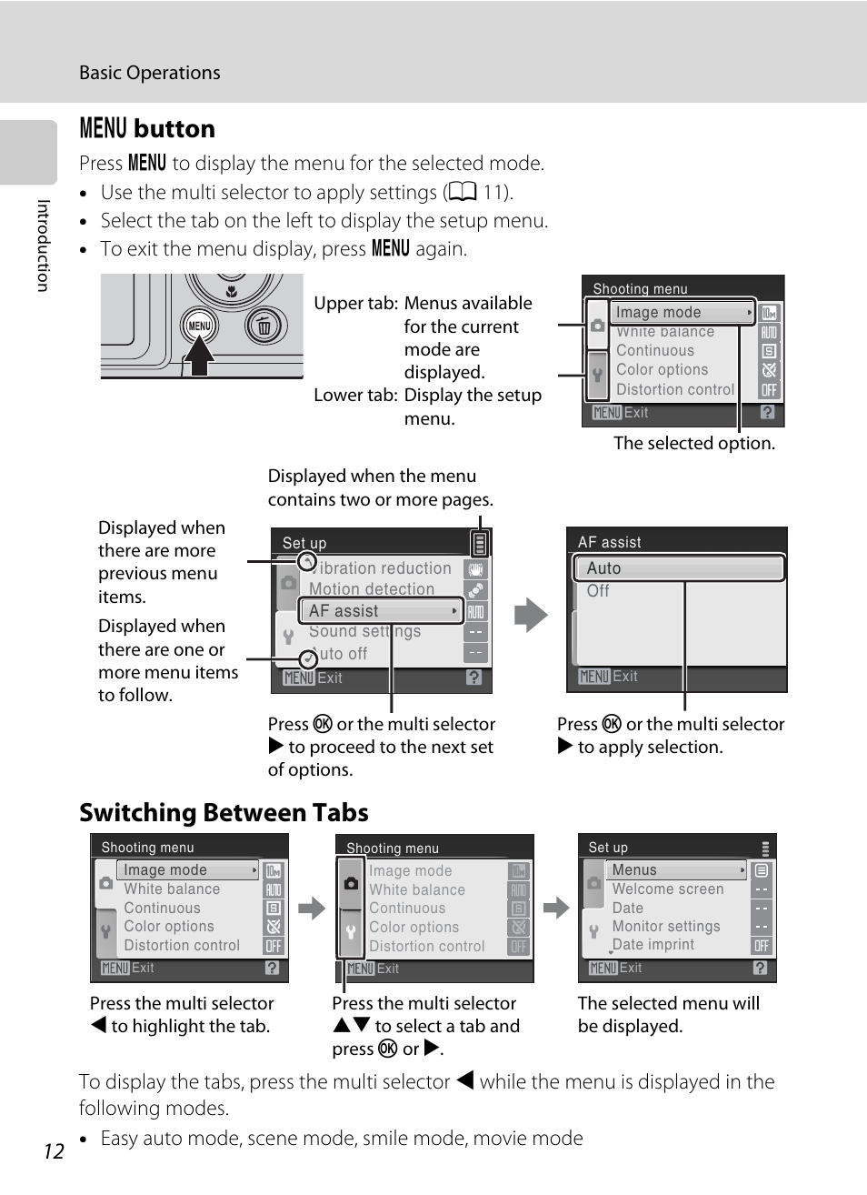 Menu button, Switching between tabs, D button switching between tabs | D button | Nikon L100 User Manual | Page 24 / 148