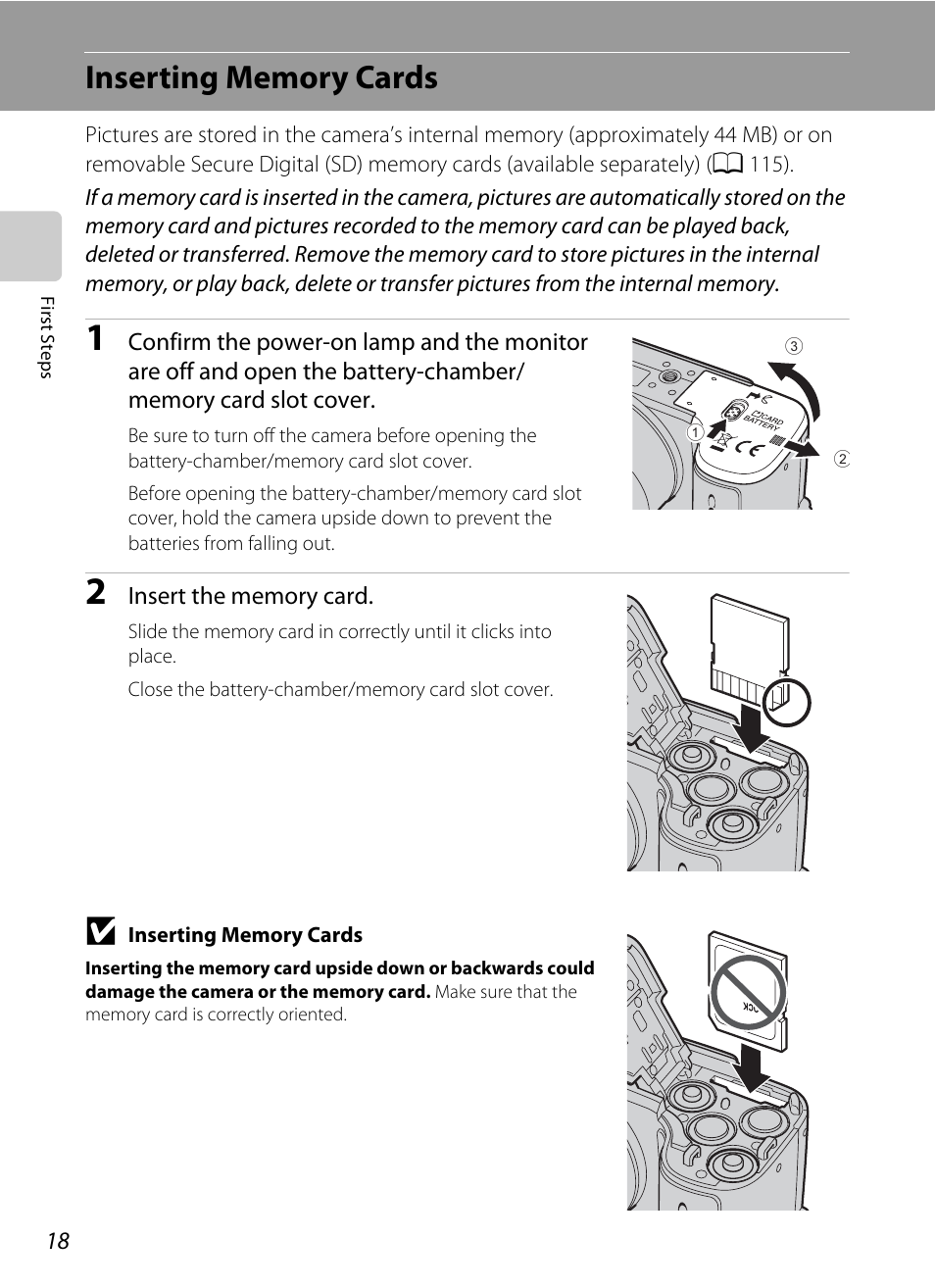 Inserting memory cards | Nikon L100 User Manual | Page 30 / 148