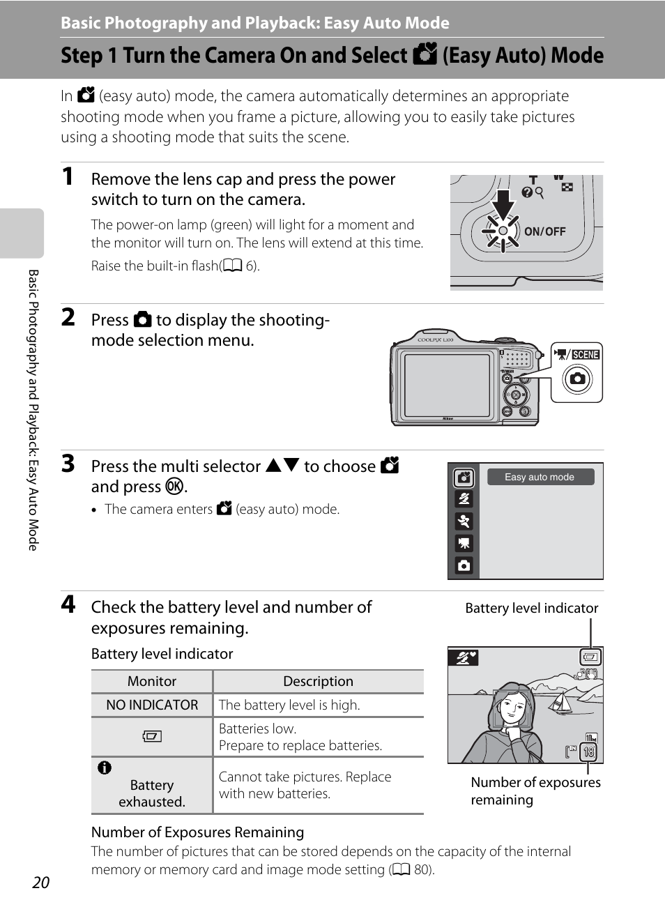 Basic photography and playback: easy auto mode, G basic photography and playback: easy auto mode, A 20) | Nikon L100 User Manual | Page 32 / 148