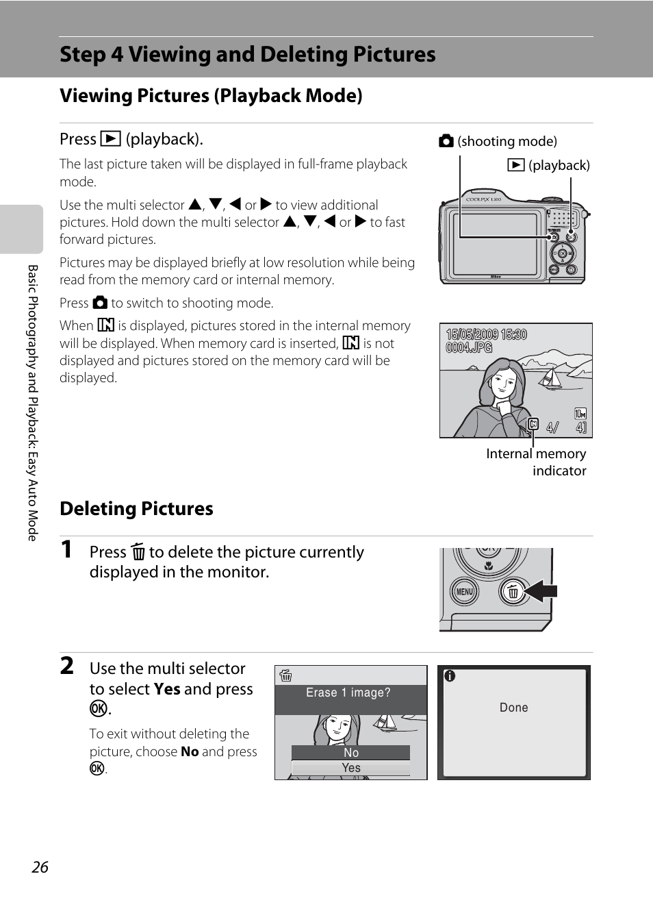 Step 4 viewing and deleting pictures, Viewing pictures (playback mode), Deleting pictures | Viewing pictures (playback mode) deleting pictures | Nikon L100 User Manual | Page 38 / 148