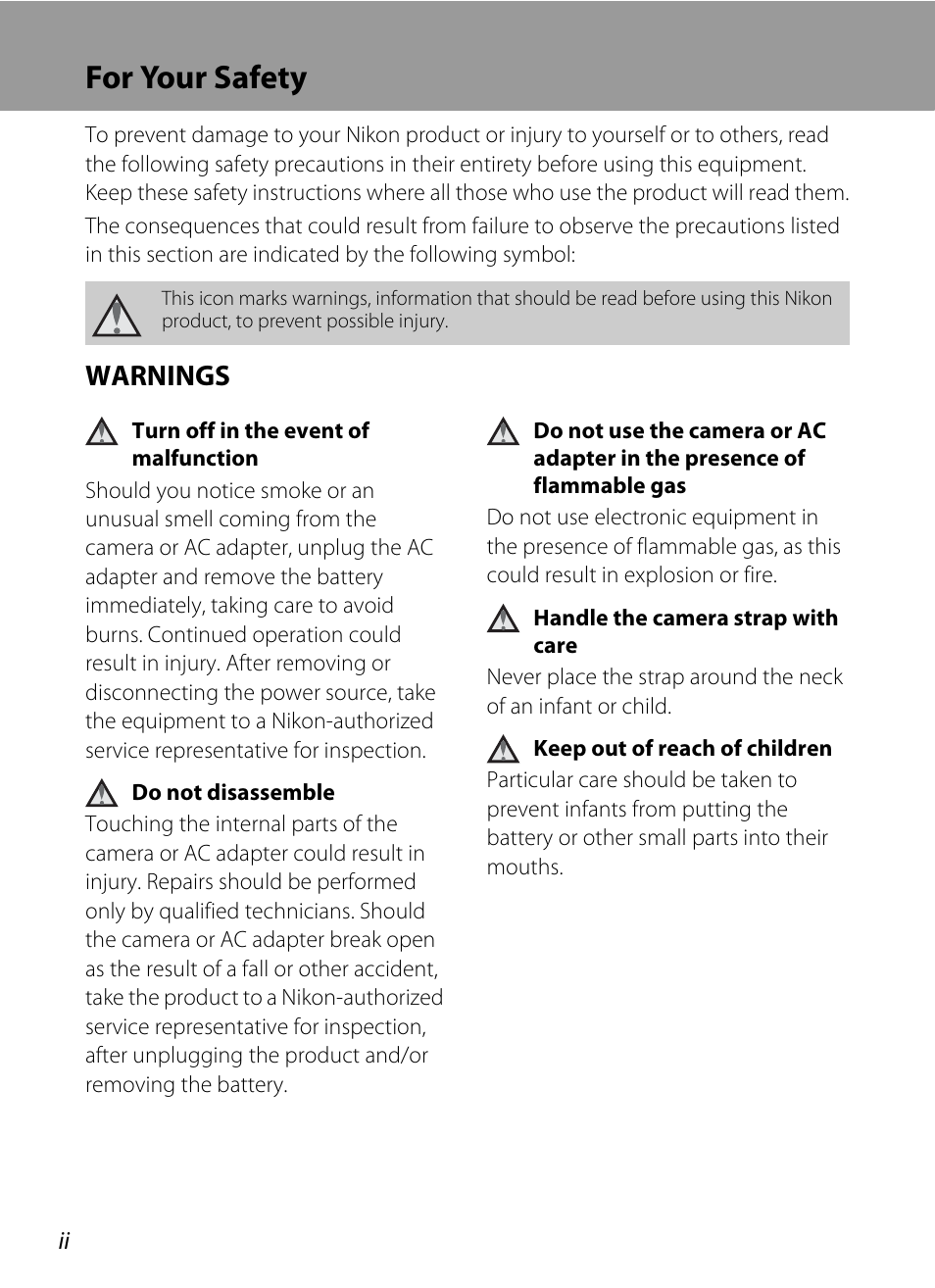 For your safety, Warnings | Nikon L100 User Manual | Page 4 / 148