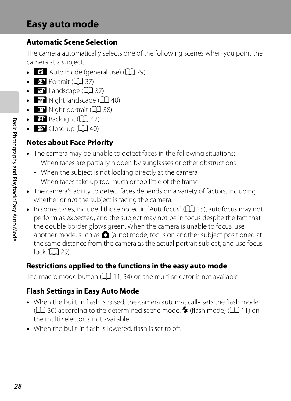 Easy auto mode, E “easy auto mode” (a 28), Ee “notes about face priority | A 28) f | Nikon L100 User Manual | Page 40 / 148