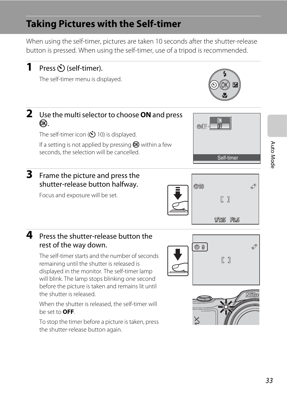 Taking pictures with the self-timer, A 33), A 33 | A 33), macro mod | Nikon L100 User Manual | Page 45 / 148