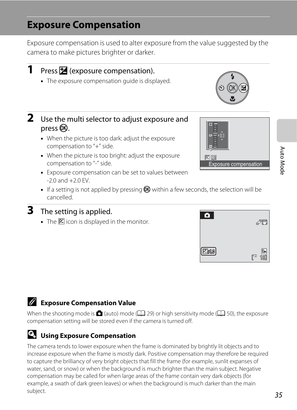Exposure compensation, Menu (a 35), A 35) are available | A 35) can | Nikon L100 User Manual | Page 47 / 148
