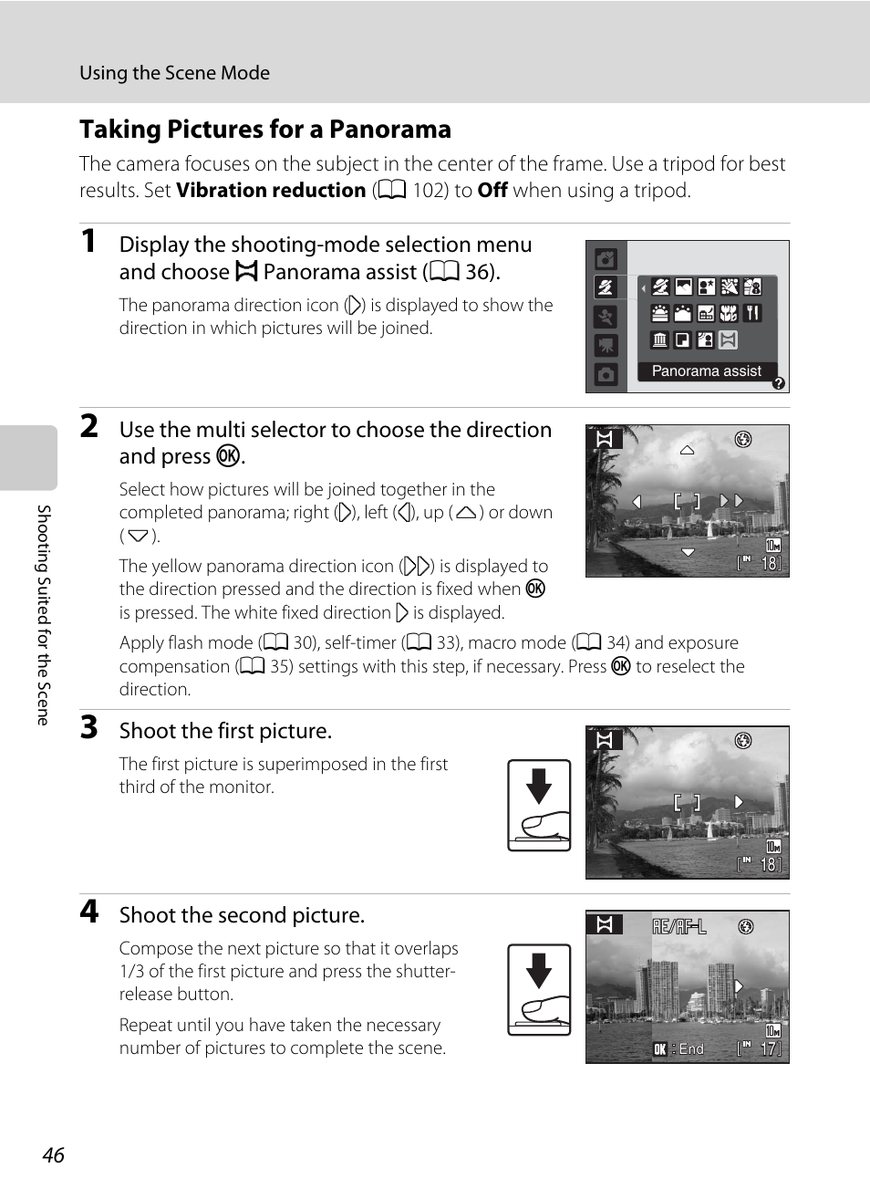 Taking pictures for a panorama | Nikon L100 User Manual | Page 58 / 148