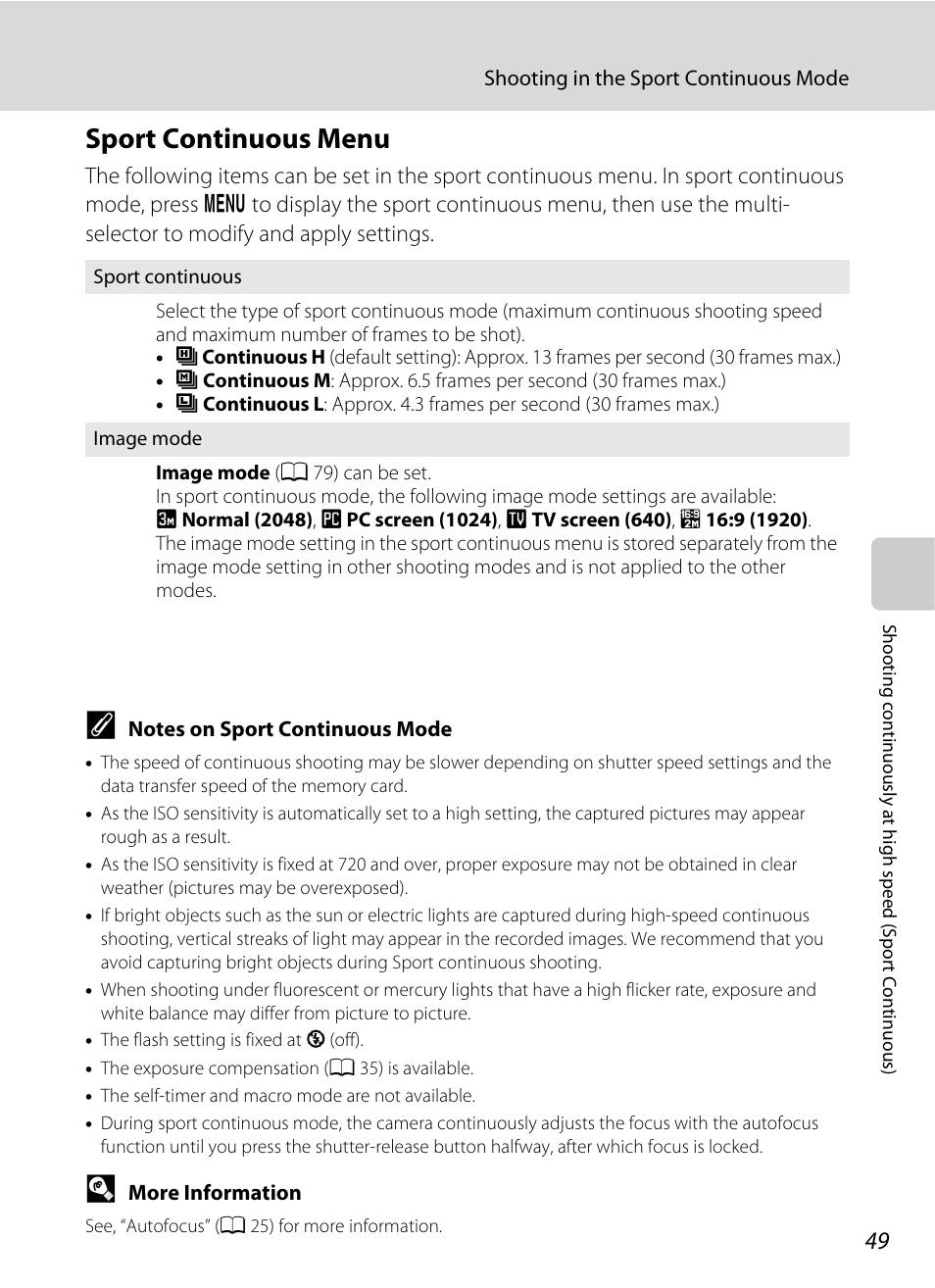 Sport continuous menu, A 49, Number | A 49) | Nikon L100 User Manual | Page 61 / 148