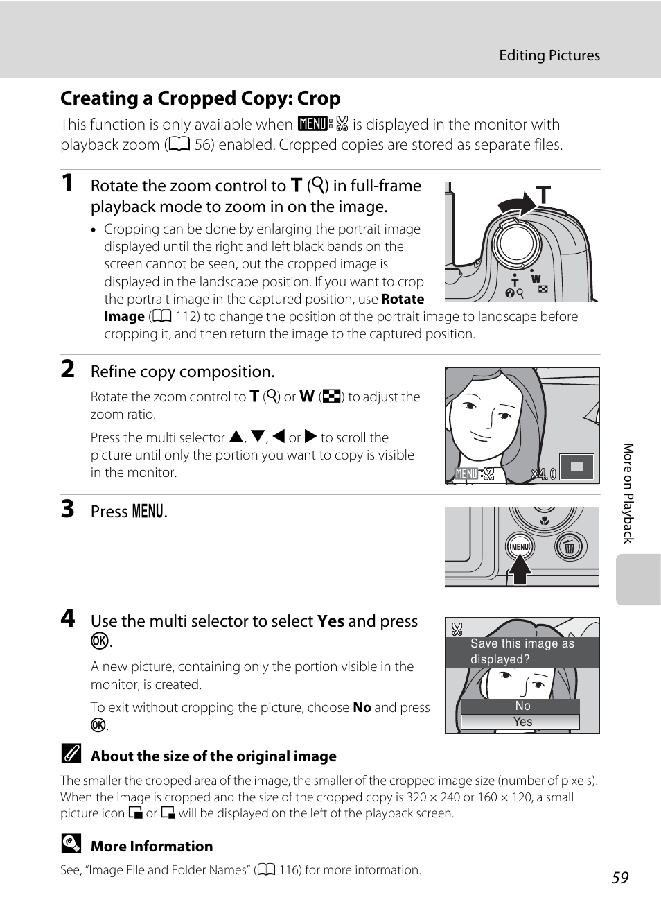 Creating a cropped copy: crop, A 59) | Nikon L100 User Manual | Page 71 / 148