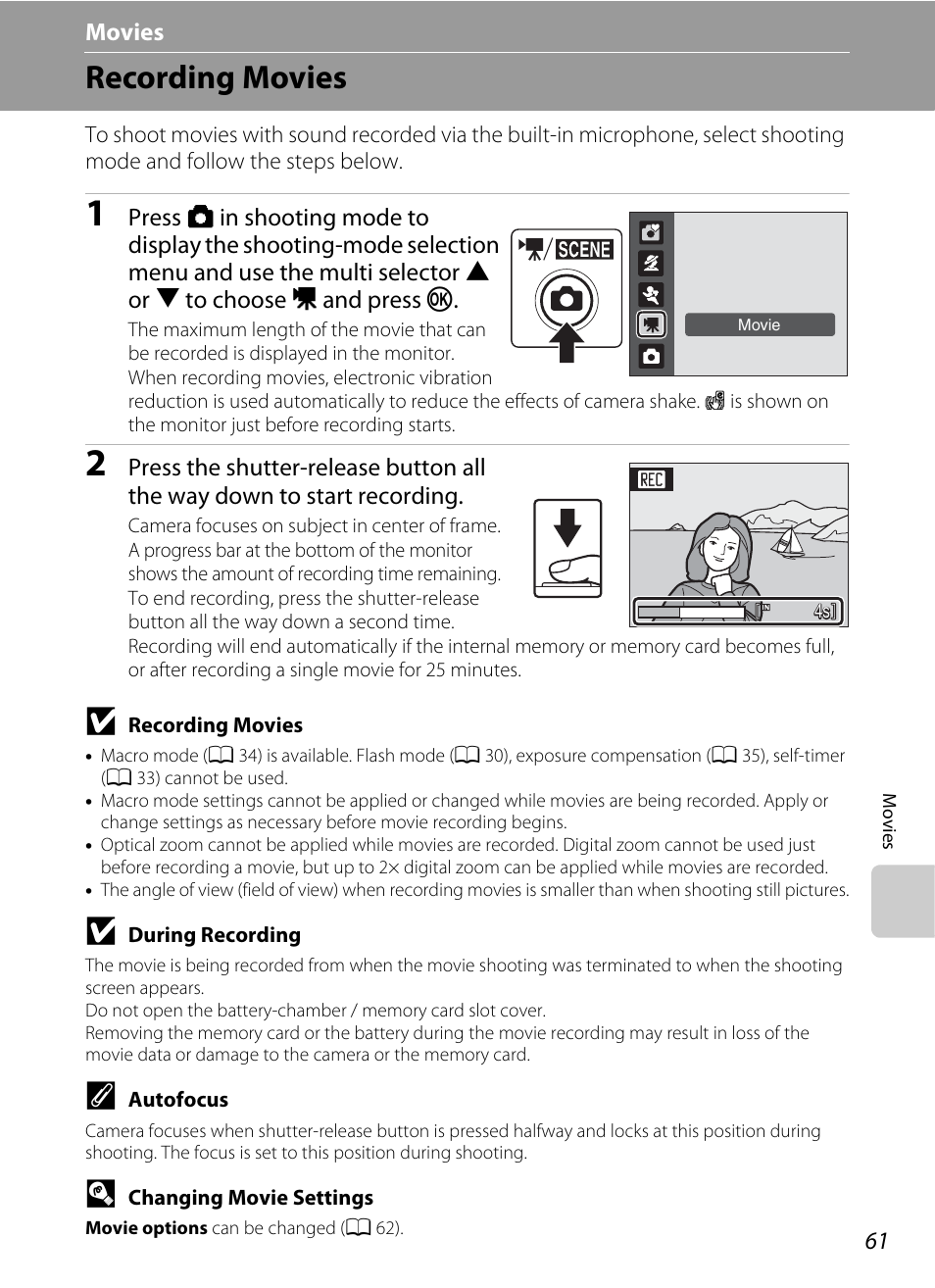 Movies, Recording movies, D movies | E (a 61), Ecording movies” (a 61) for | Nikon L100 User Manual | Page 73 / 148