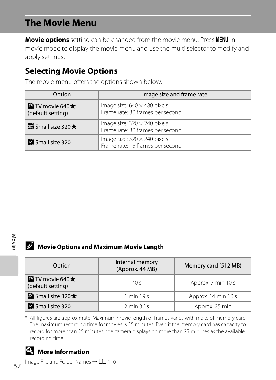 The movie menu, Selecting movie options, A 62) | Nikon L100 User Manual | Page 74 / 148