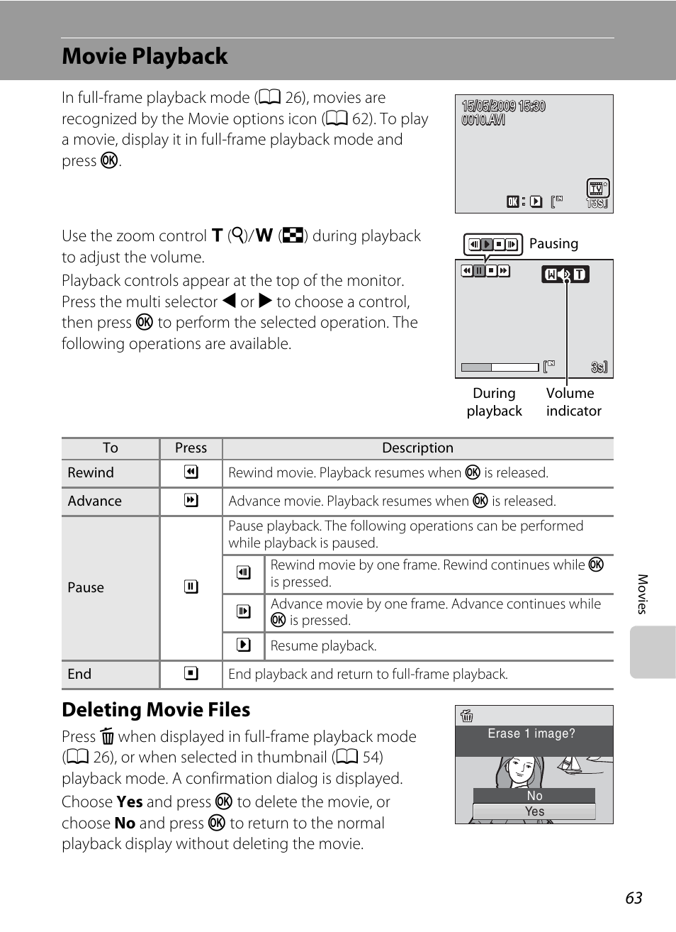 Movie playback, Deleting movie files | Nikon L100 User Manual | Page 75 / 148