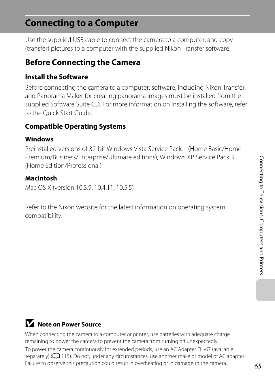 Connecting to a computer, Before connecting the camera, A 65 | Install the software, Compatible operating systems | Nikon L100 User Manual | Page 77 / 148