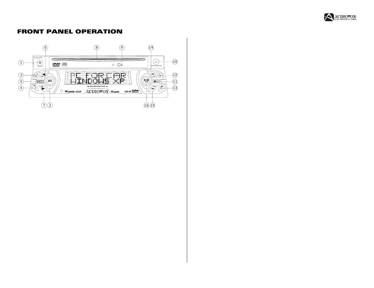 Front panel operation | Audiovox AVDINPC User Manual | Page 7 / 32
