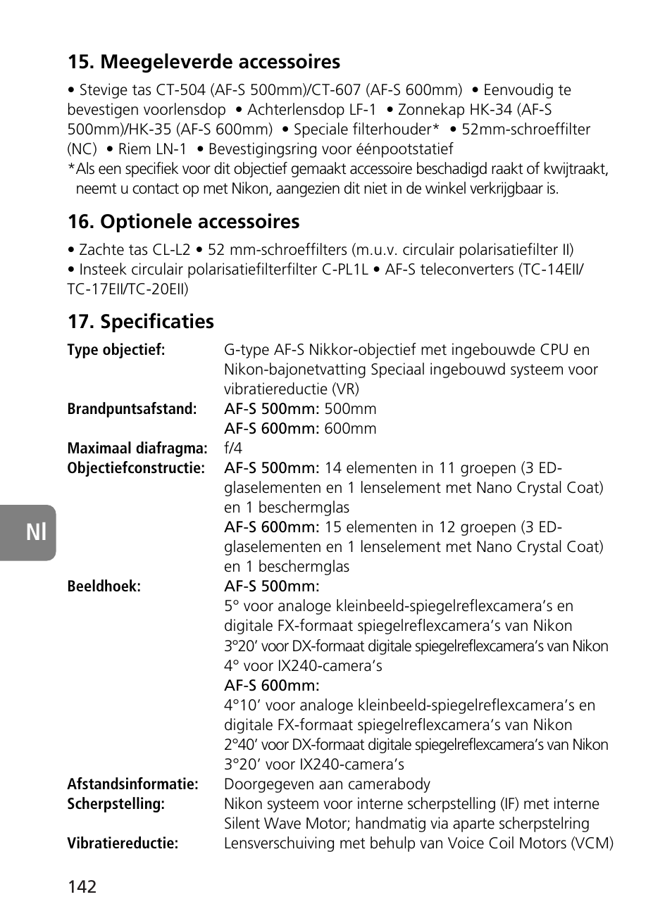 Meegeleverde accessoires, Optionele accessoires, Specificaties | Nikon AF-S VR 500mm f-4G ED - AF-S VR 600mm f-4G ED User Manual | Page 142 / 224