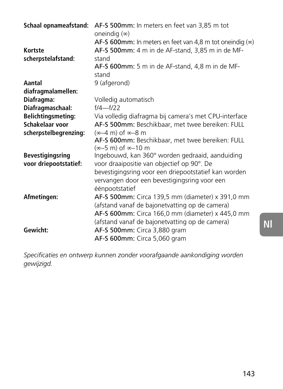 Nikon AF-S VR 500mm f-4G ED - AF-S VR 600mm f-4G ED User Manual | Page 143 / 224