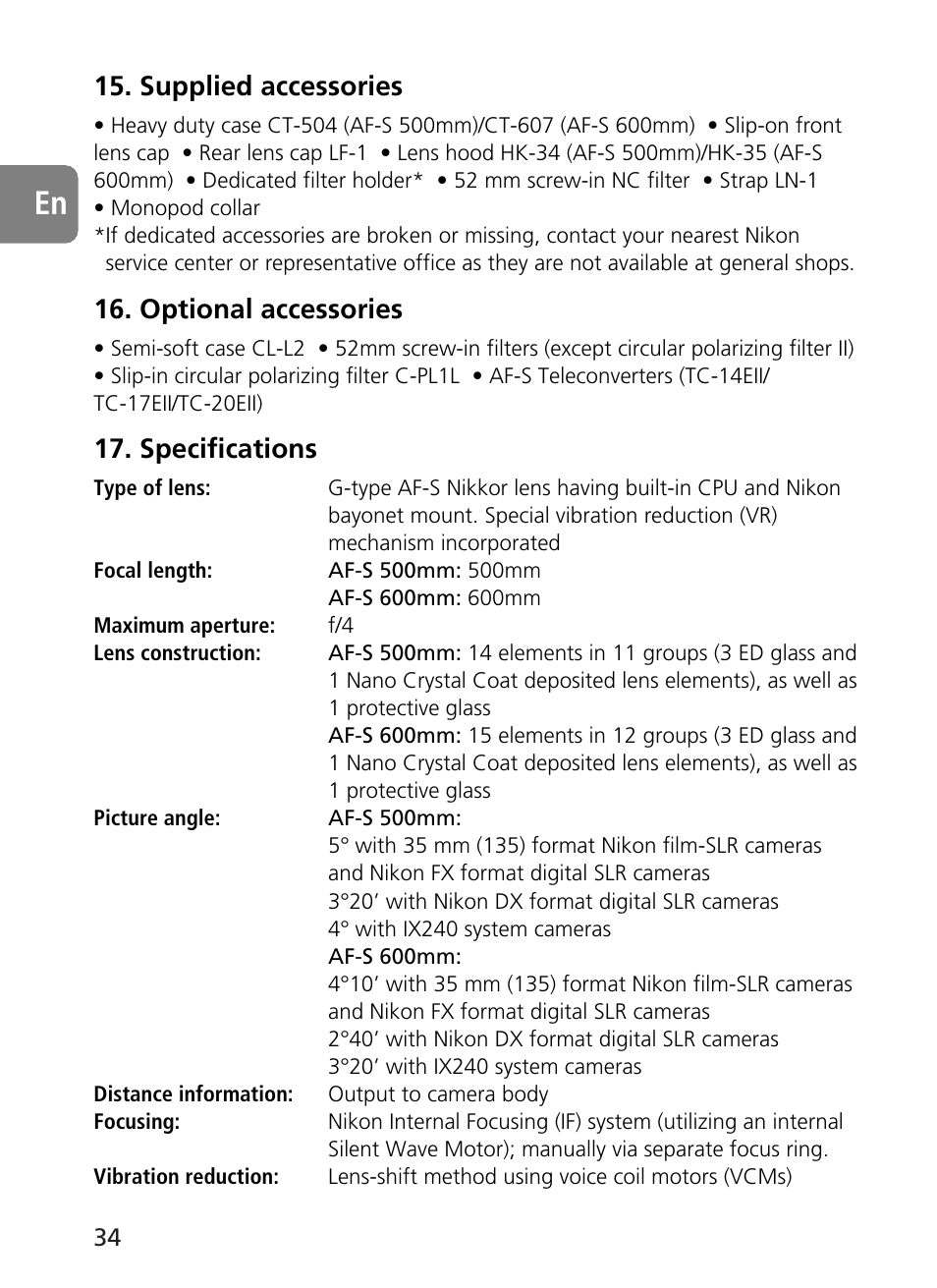 Supplied accessories, Optional accessories, Specifications | Nikon AF-S VR 500mm f-4G ED - AF-S VR 600mm f-4G ED User Manual | Page 34 / 224