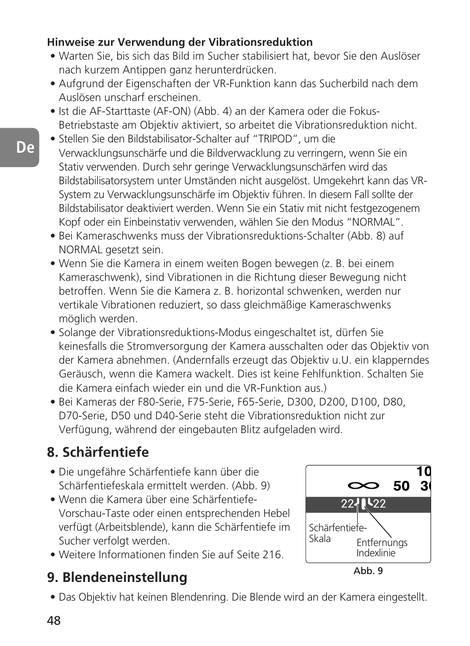 Schärfentiefe, Blendeneinstellung | Nikon AF-S VR 500mm f-4G ED - AF-S VR 600mm f-4G ED User Manual | Page 48 / 224