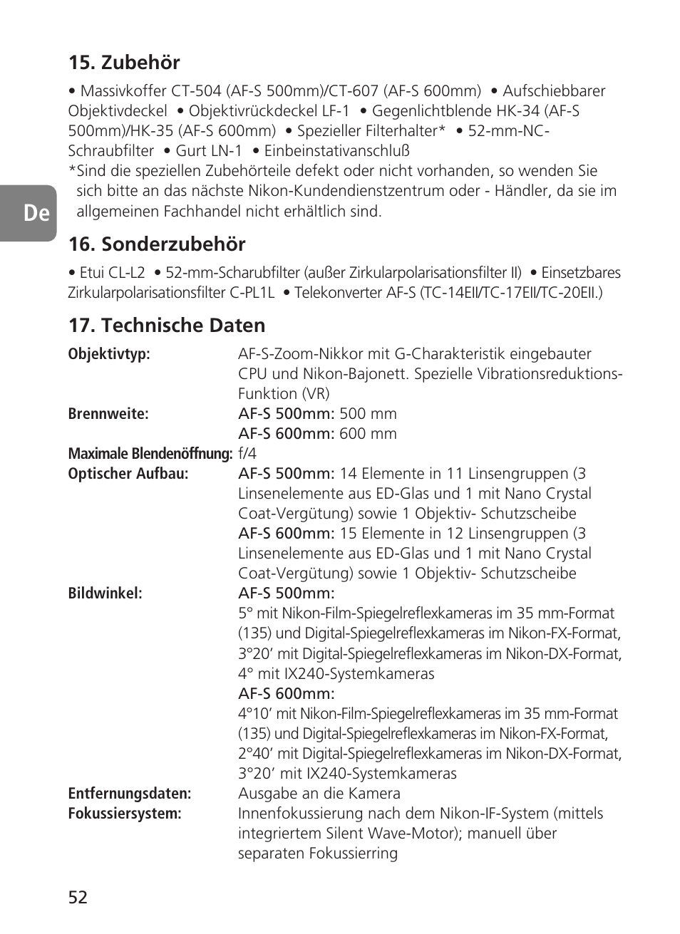 Zubehör, Sonderzubehör, Technische daten | Nikon AF-S VR 500mm f-4G ED - AF-S VR 600mm f-4G ED User Manual | Page 52 / 224