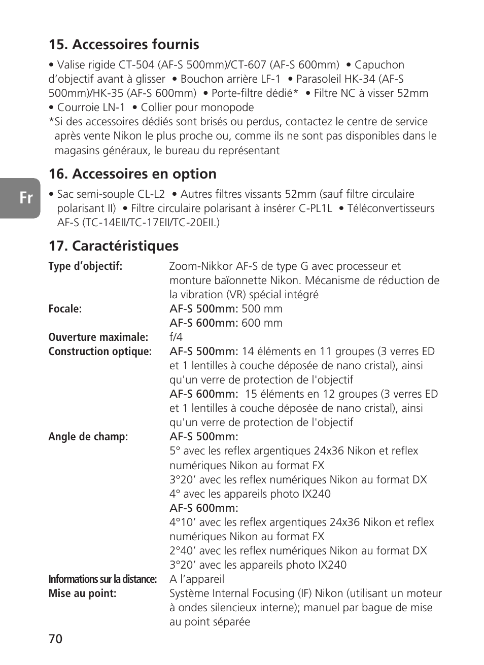 Accessoires fournis, Accessoires en option, Caractéristiques | Nikon AF-S VR 500mm f-4G ED - AF-S VR 600mm f-4G ED User Manual | Page 70 / 224