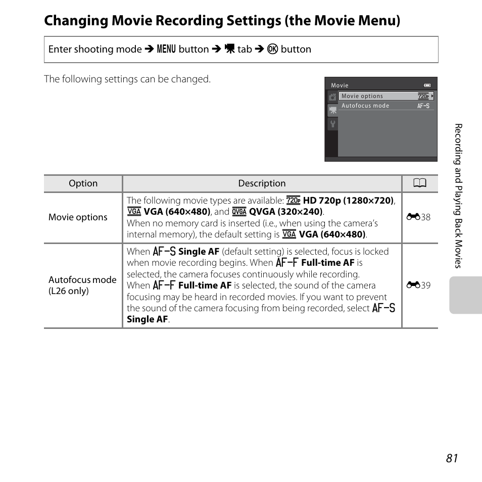 Changing movie recording settings (the movie menu), A 81, A 81) | Nikon L25 - L26 User Manual | Page 101 / 204