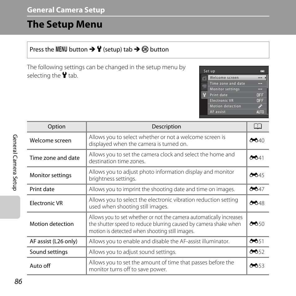 The setup menu, A 86), A 86 | A 86) i, General camera setup | Nikon L25 - L26 User Manual | Page 106 / 204