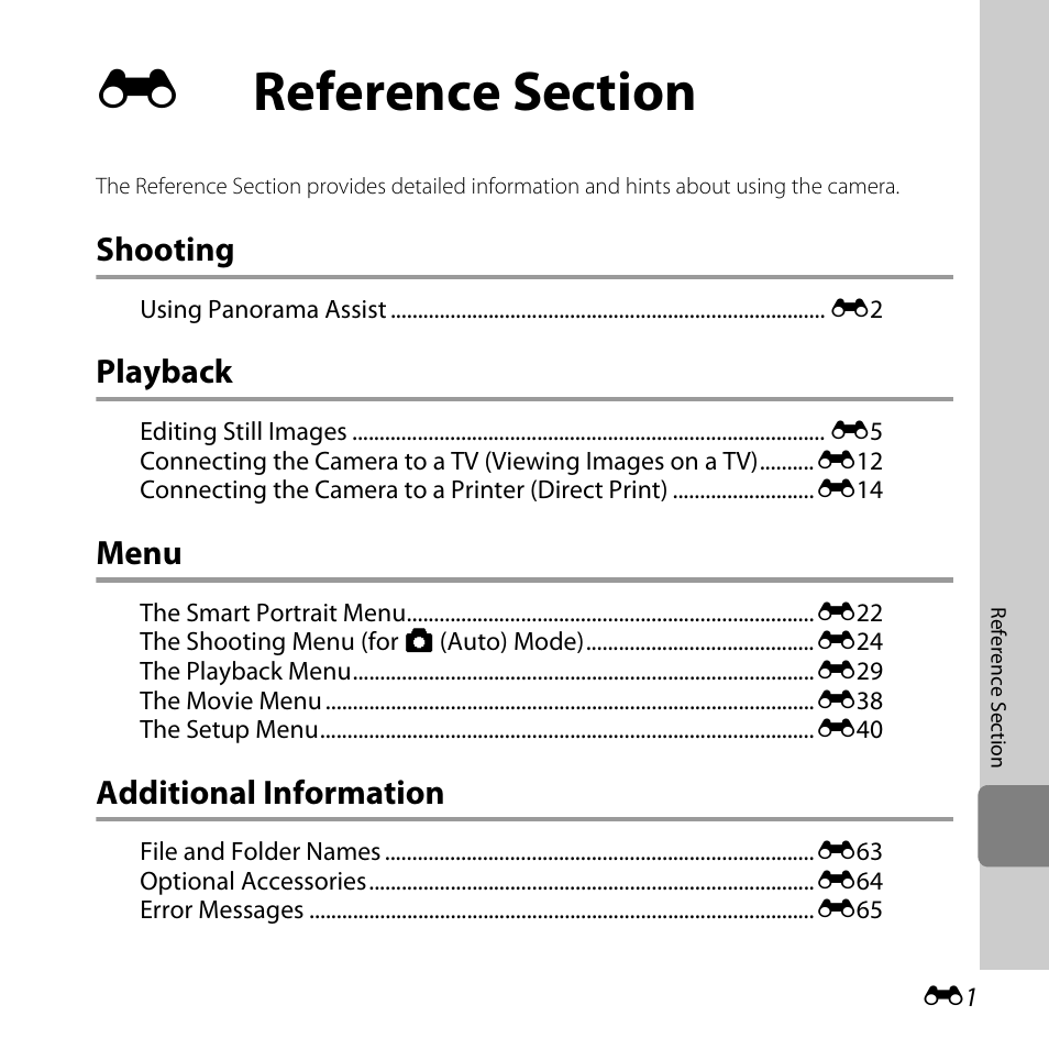 Reference section, Shooting, Playback | Menu, Additional information | Nikon L25 - L26 User Manual | Page 109 / 204