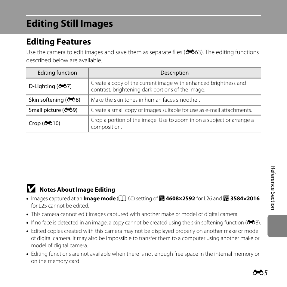 Editing still images, Editing features | Nikon L25 - L26 User Manual | Page 113 / 204