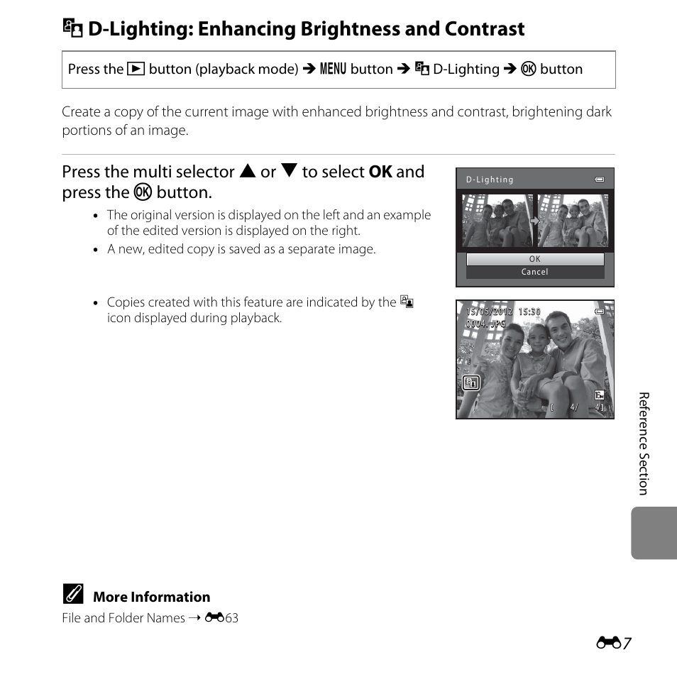 D-lighting: enhancing brightness and contrast, I d-lighting: enhancing brightness and contrast | Nikon L25 - L26 User Manual | Page 115 / 204