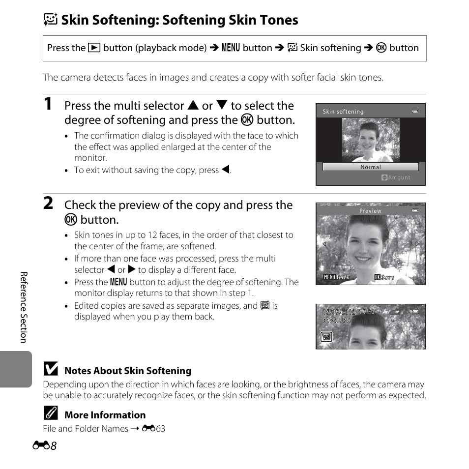 Skin softening: softening skin tones, E skin softening: softening skin tones | Nikon L25 - L26 User Manual | Page 116 / 204