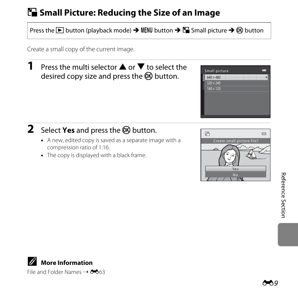 Small picture: reducing the size of an image, G small picture: reducing the size of an image, Select yes and press the k button | Nikon L25 - L26 User Manual | Page 117 / 204