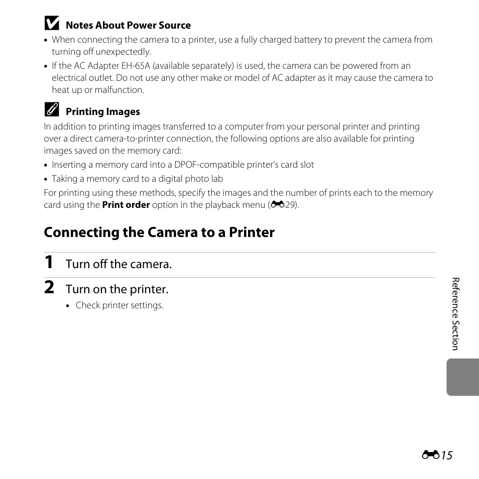 Connecting the camera to a printer, E15) | Nikon L25 - L26 User Manual | Page 123 / 204