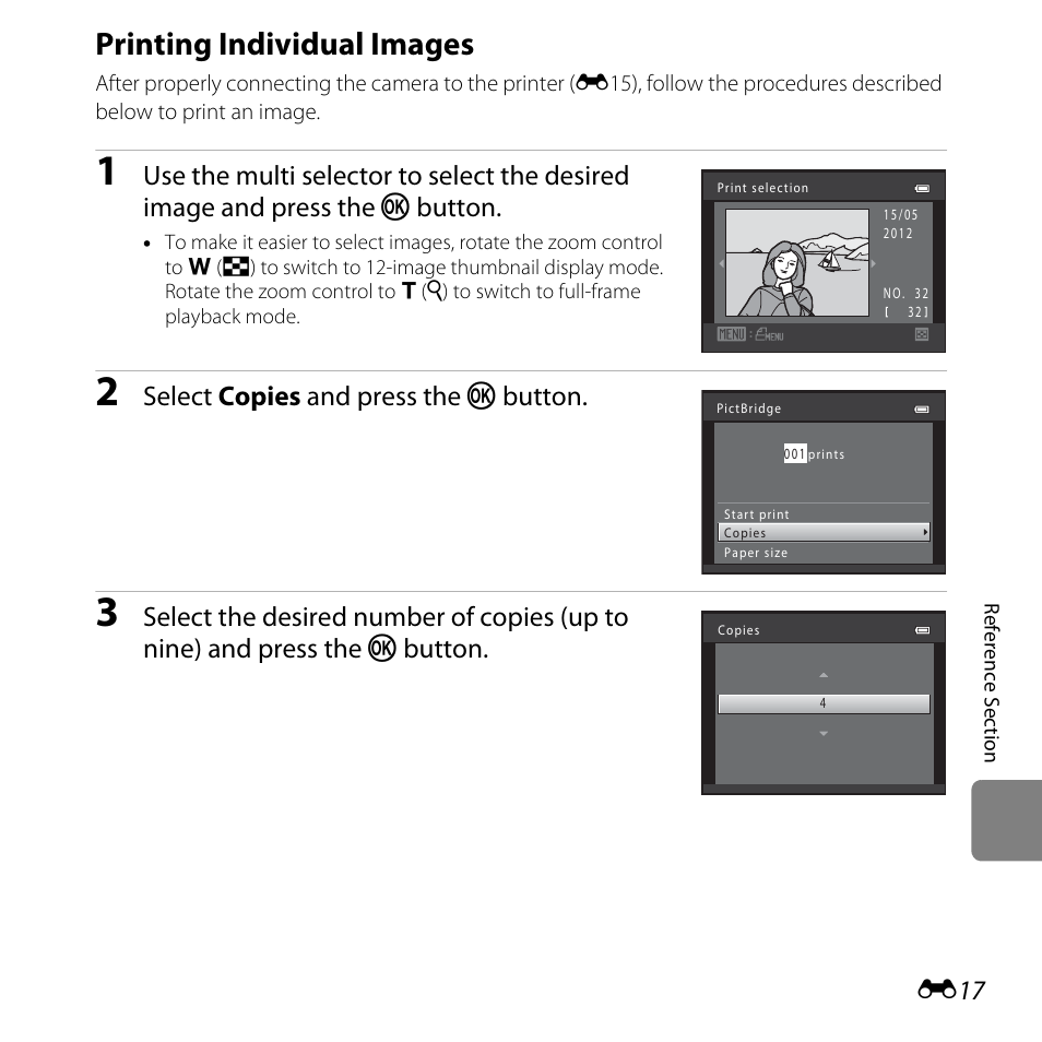 Printing individual images, E17), Select copies and press the k button | Nikon L25 - L26 User Manual | Page 125 / 204