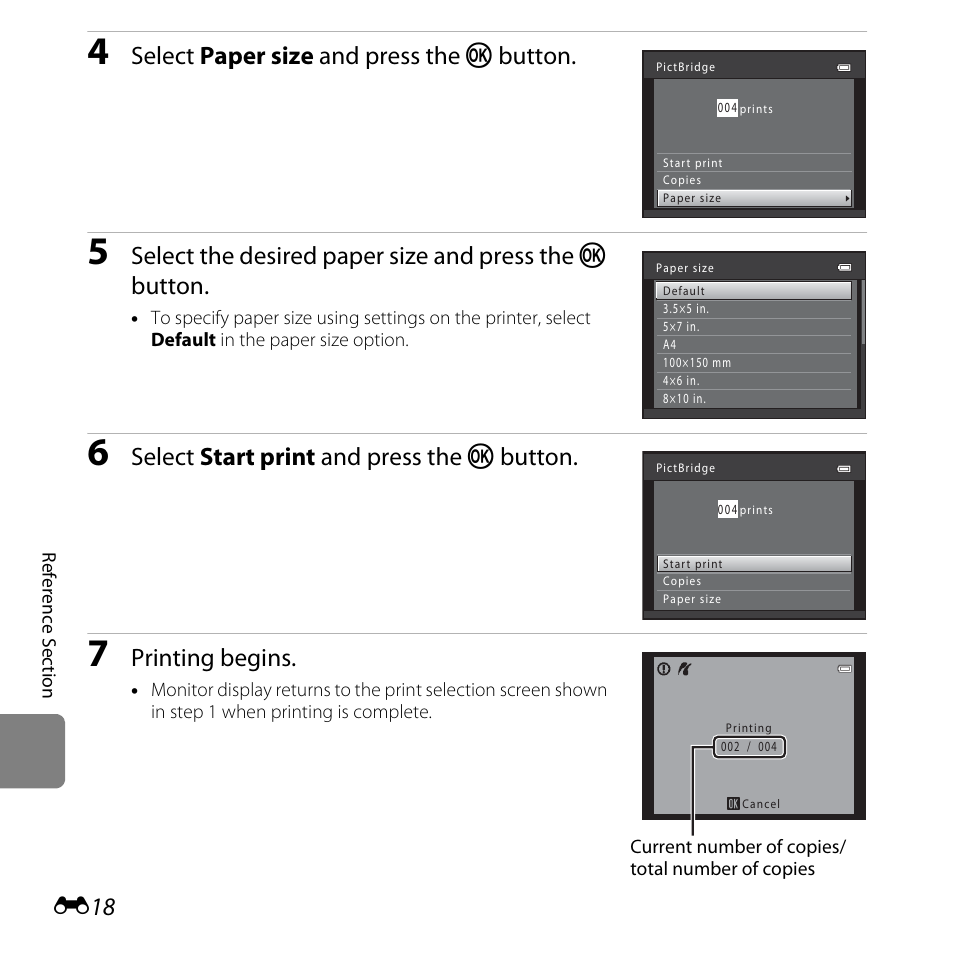 Select paper size and press the k button, Select start print and press the k button, Printing begins | Nikon L25 - L26 User Manual | Page 126 / 204