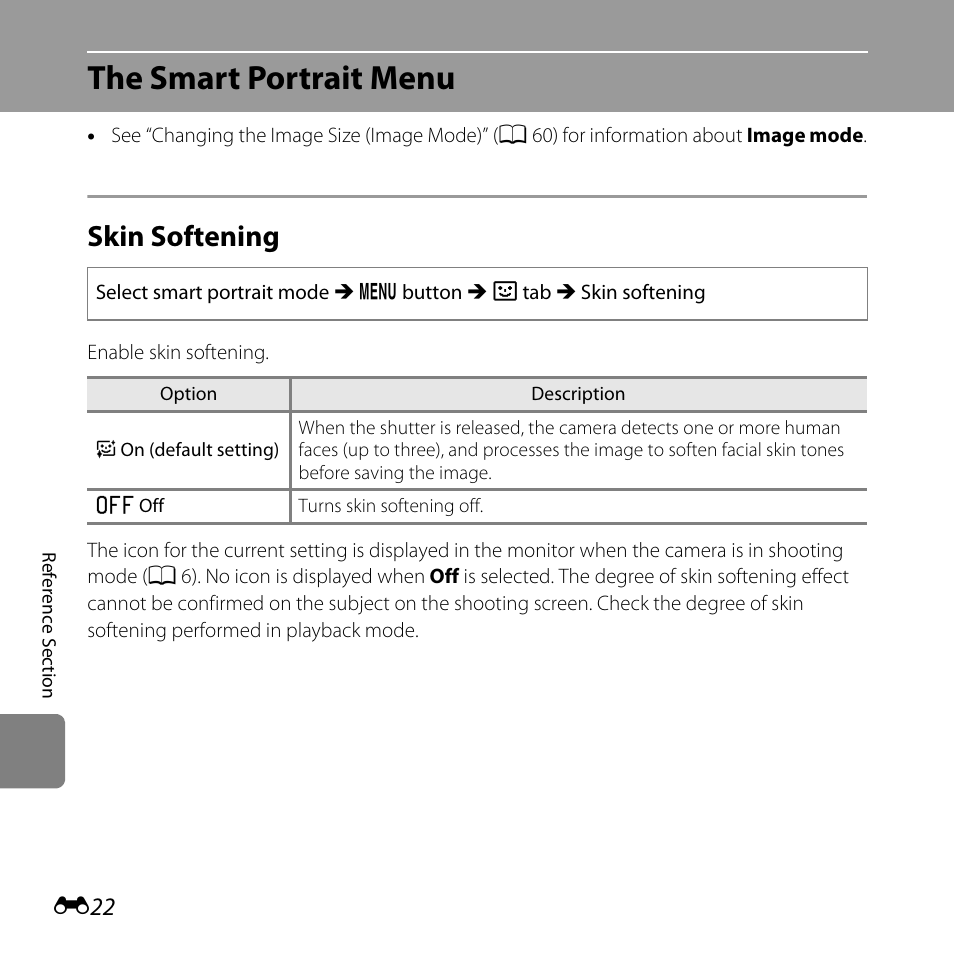 The smart portrait menu, Skin softening, E22) | Nikon L25 - L26 User Manual | Page 130 / 204