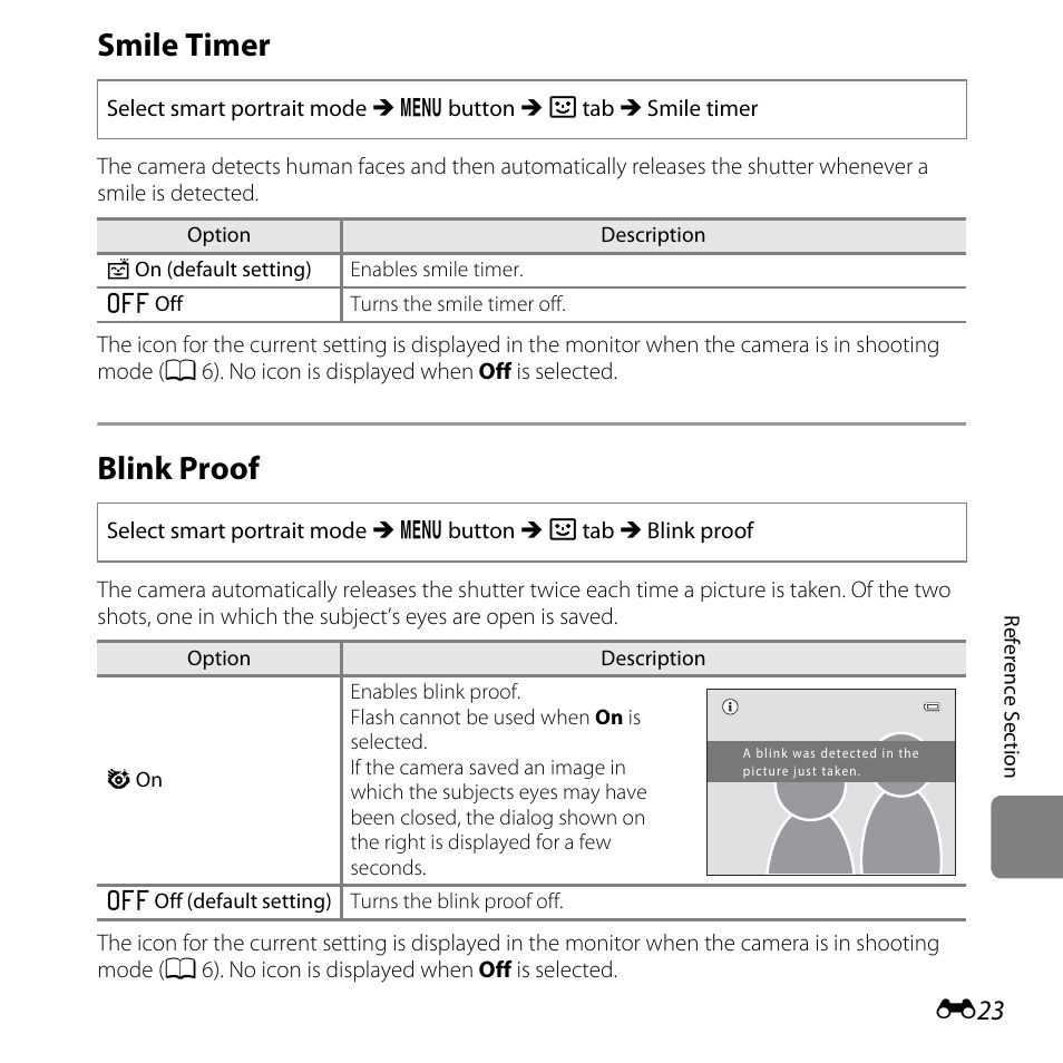 Smile timer, Blink proof, E23) | E23) to | Nikon L25 - L26 User Manual | Page 131 / 204