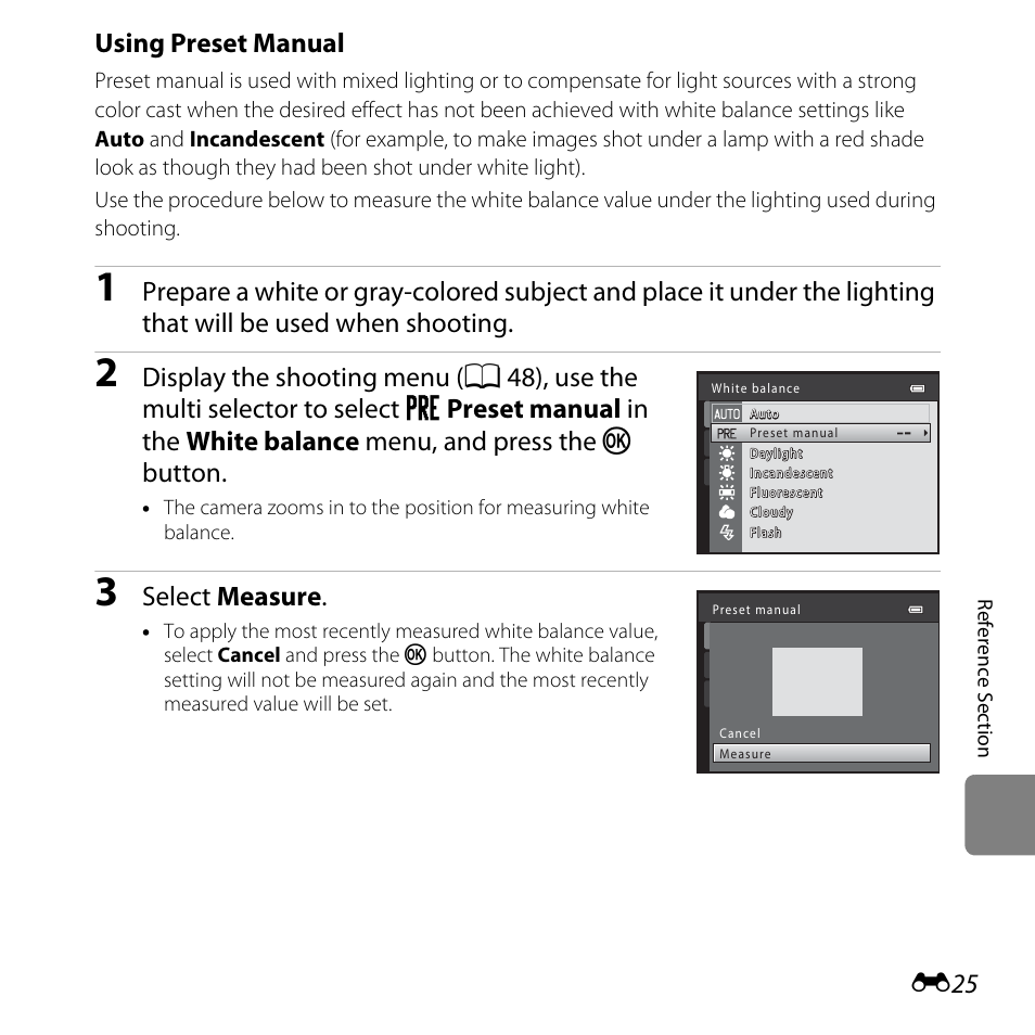E25), Using preset manual, Select measure | Nikon L25 - L26 User Manual | Page 133 / 204