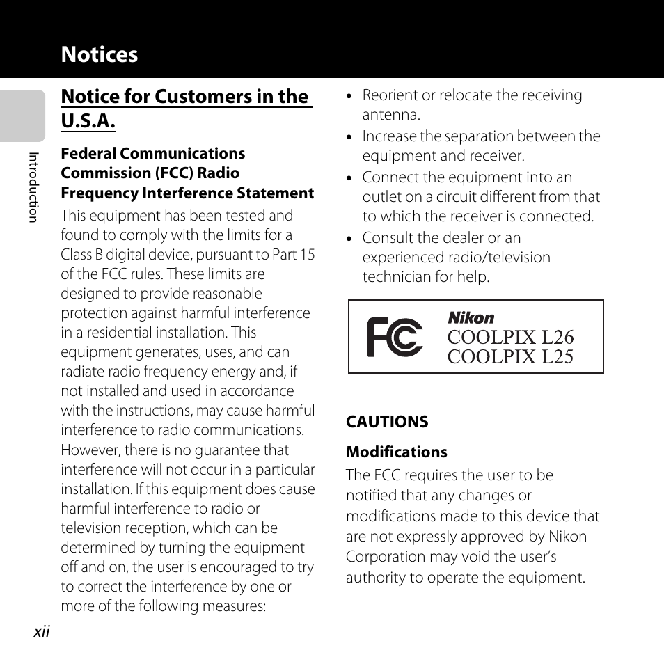 Notices, Notice for customers in the u.s.a | Nikon L25 - L26 User Manual | Page 14 / 204