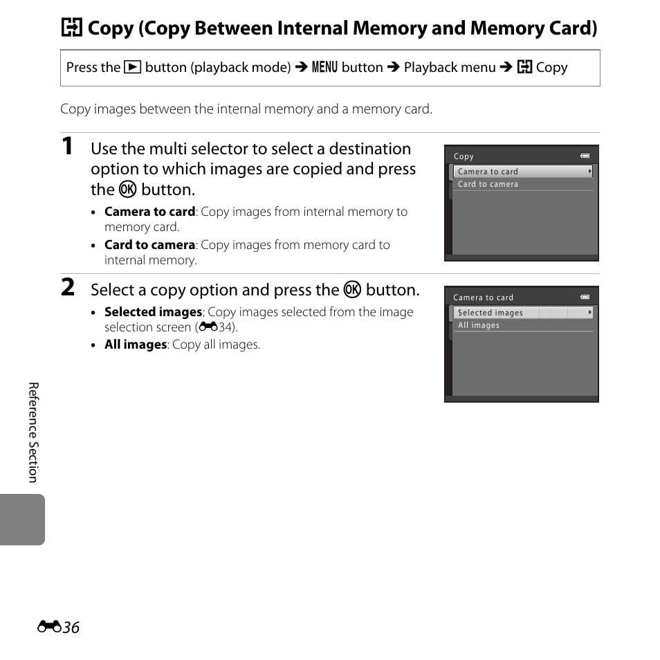 E36), Select a copy option and press the k button | Nikon L25 - L26 User Manual | Page 144 / 204